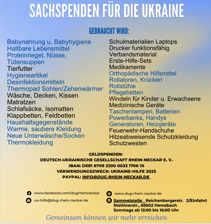 Hilfe für die Ukraine: Spenden-und Sammelaktion der DUG Rhein-Neckar e.V.